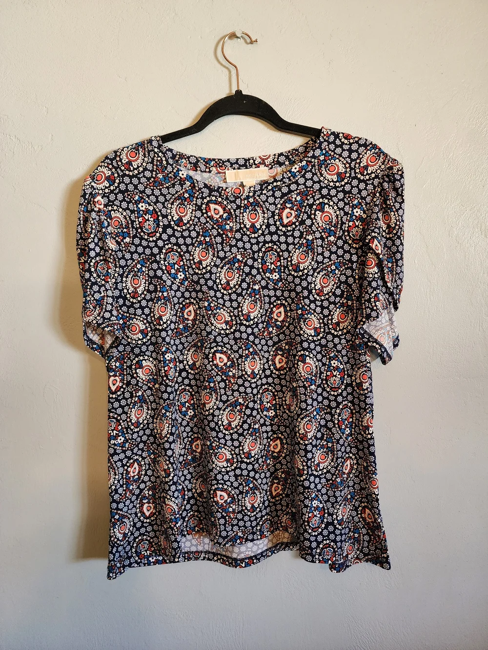 Michael Kors Navy Floral Paisley Short Sleeve Top With Tulip Sleeves